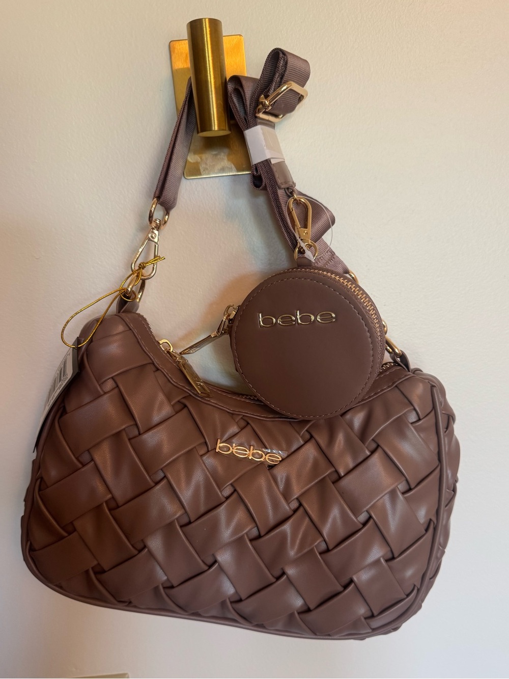 NWT Bebe Luca Woven Faux Leather Hobo Shoulder Bag & Coin Pouch – Taupe/Mocha